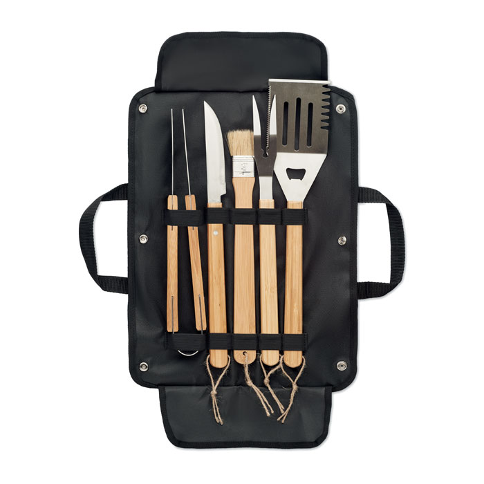 Set di 5 pezzi di utensili per BBQ in acciaio inossidabile con manico in legno e custodia in tela cerata - Cocquio Trevisago