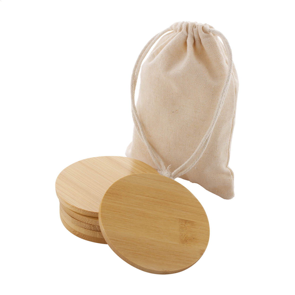 Set di 6 sottobicchieri rotondi ZhuliMax in bambù con sacchetto stampato con logo