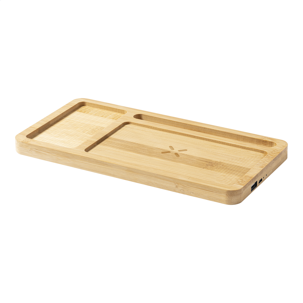 Organizer da scrivania Flabo Plus in bambù con caricatore wireless 15W stampato con logo
