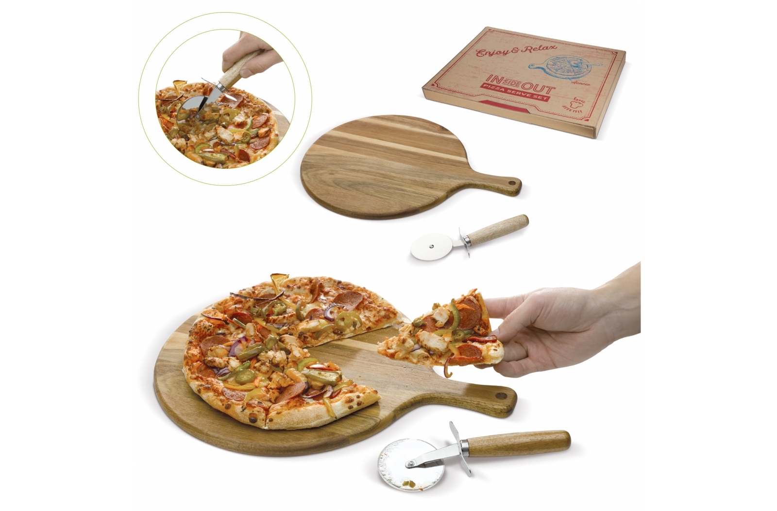 Tagliere per pizza in legno di acacia con affettatrice - Ornica