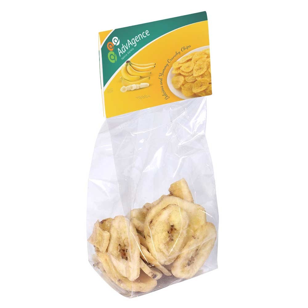 Sacchetto trasparente con cartellino stampato a colori pieni, riempito con circa 40 g di chips di banana - Castell'Arquato