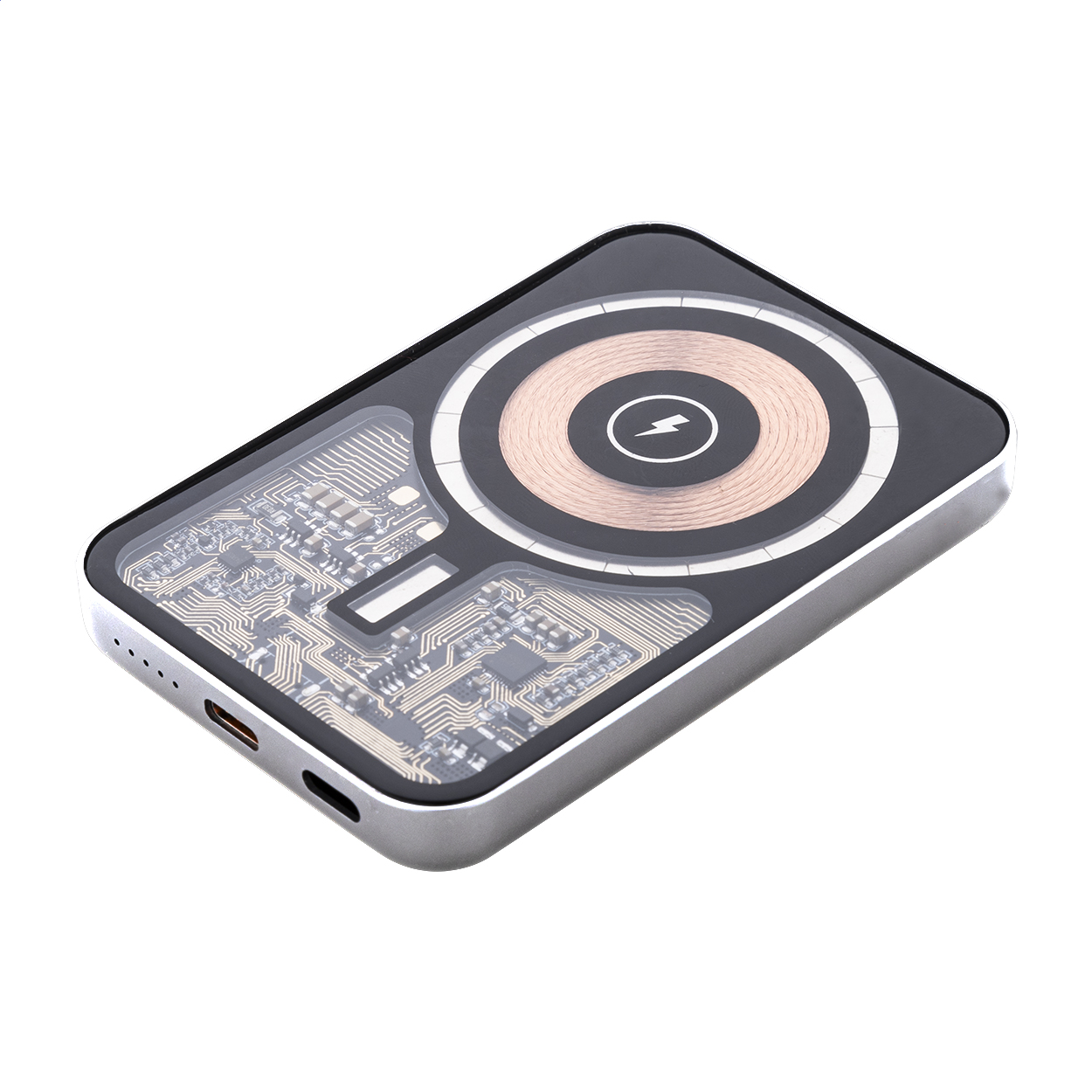 Power bank magnetico RaluSee in alluminio riciclato 5000 mAh con logo