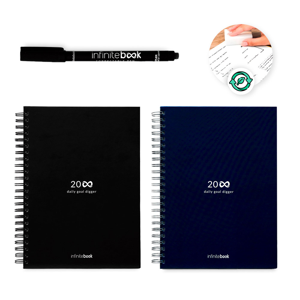 KIT DI PARTENZA INFINITE PLANNER A5. Il set comprende un 'diario infinito', un set di pulizia, un pennarello e un supporto per pennarello.