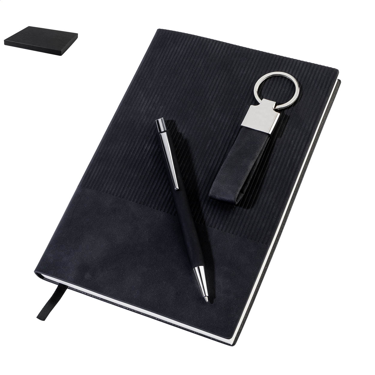 Set regalo Dono Trio con quaderno A5, penna e portachiavi in PU riciclato stampato con logo