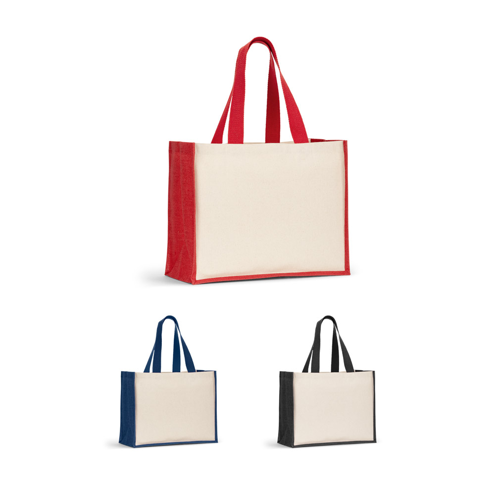 HELSINQUE COLOUR. Borsa in tela (320 g/m²), con fondo e lati in iuta laminata (350 g/m²) a colori