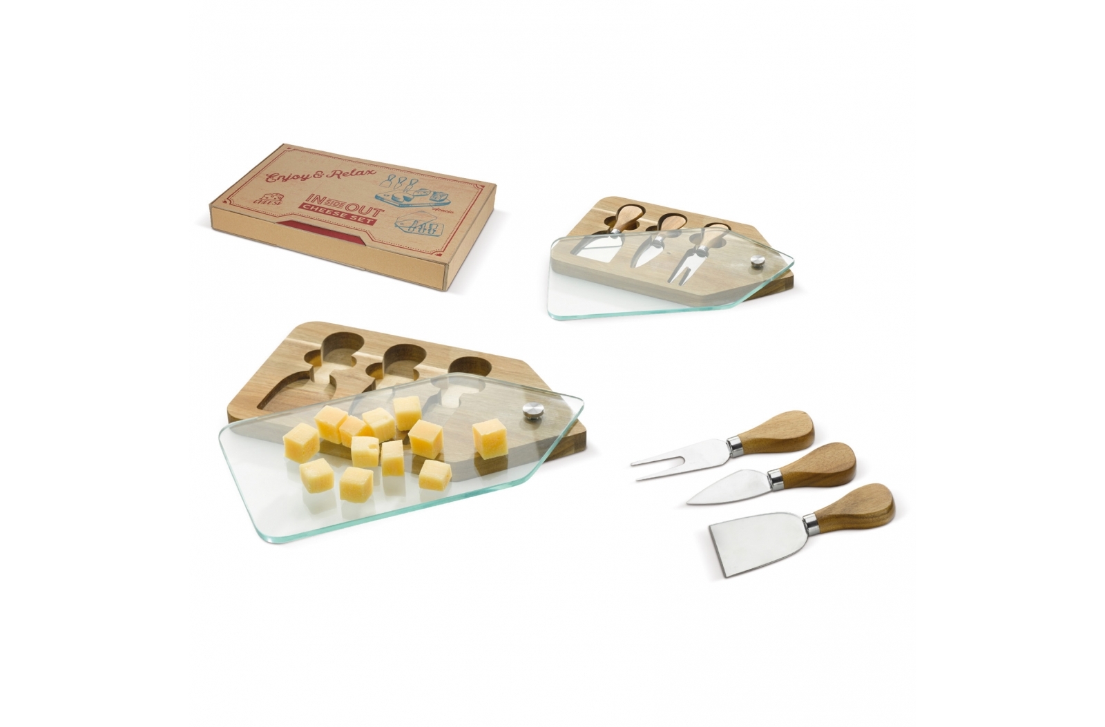 regalo di piatto per formaggi in legno di acacia con coperchio scorrevole e coltelli per formaggio - Matera