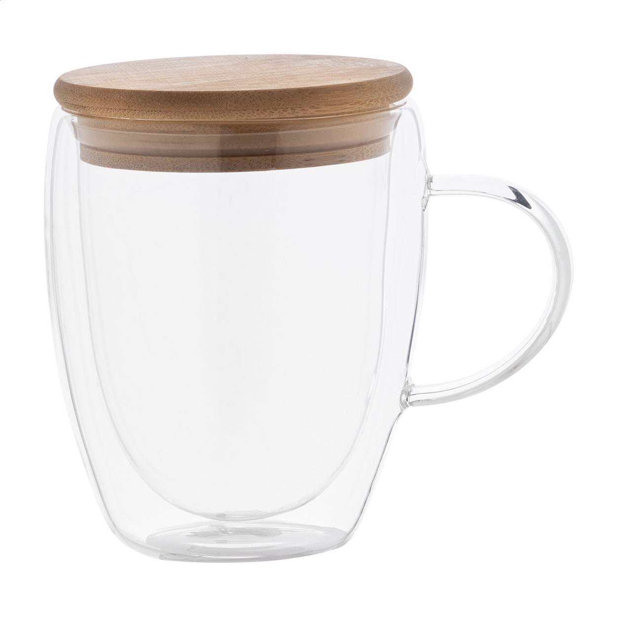 Tazza termica Grobina in vetro a doppia parete con coperchio bambù, 350 ml stampato con logo