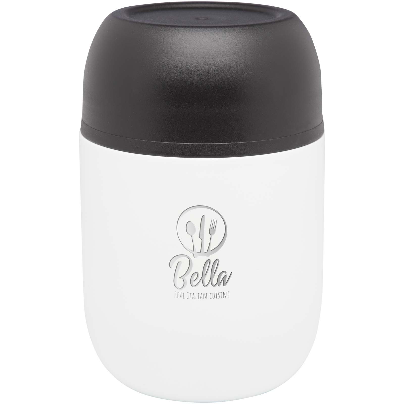 Portavivande Supo 480 ml personalizzato in acciaio inox riciclato con cucchiaio pieghevole stampato con logo