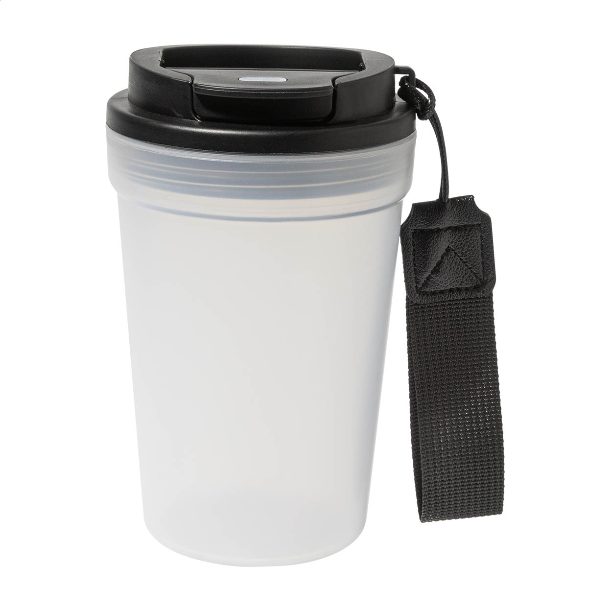 Bicchiere da viaggio Frobbu in PP satinato con laccetto, 400 ml, con il tuo logo