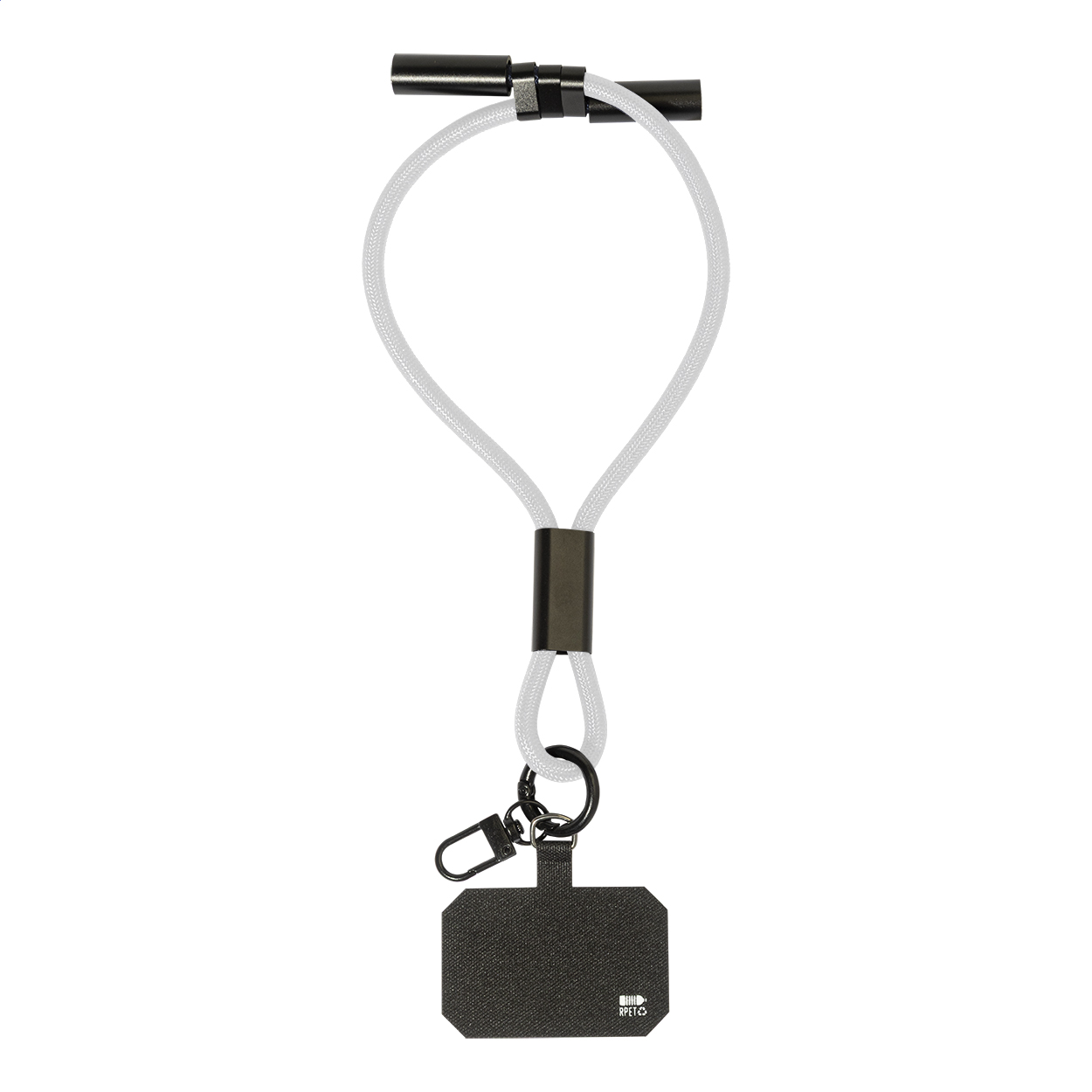 Braccialetto portacellulare CuffCharge in RPET con cavo USB-C 60 W e logo stampato con logo