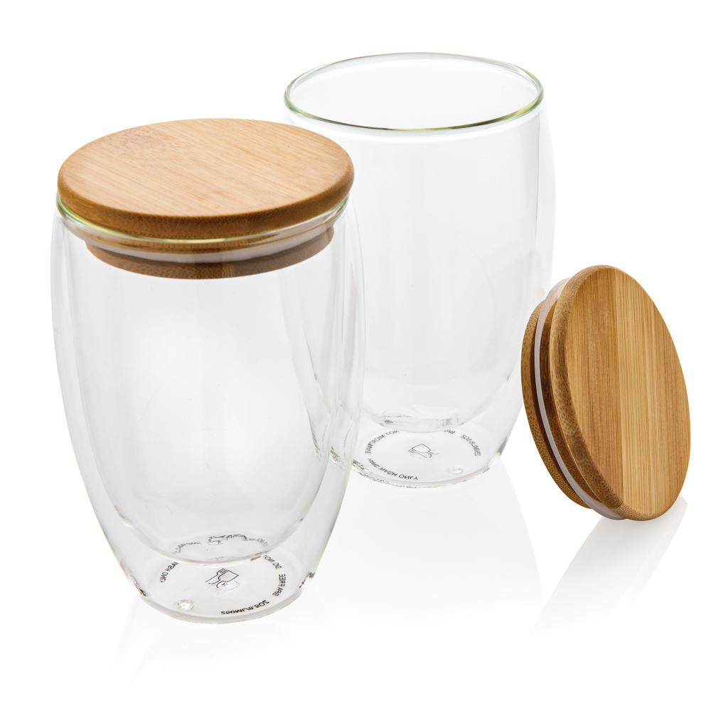 Set di bicchieri di vetro borosilicato a doppia parete con coperchio in bambù - Calcinato