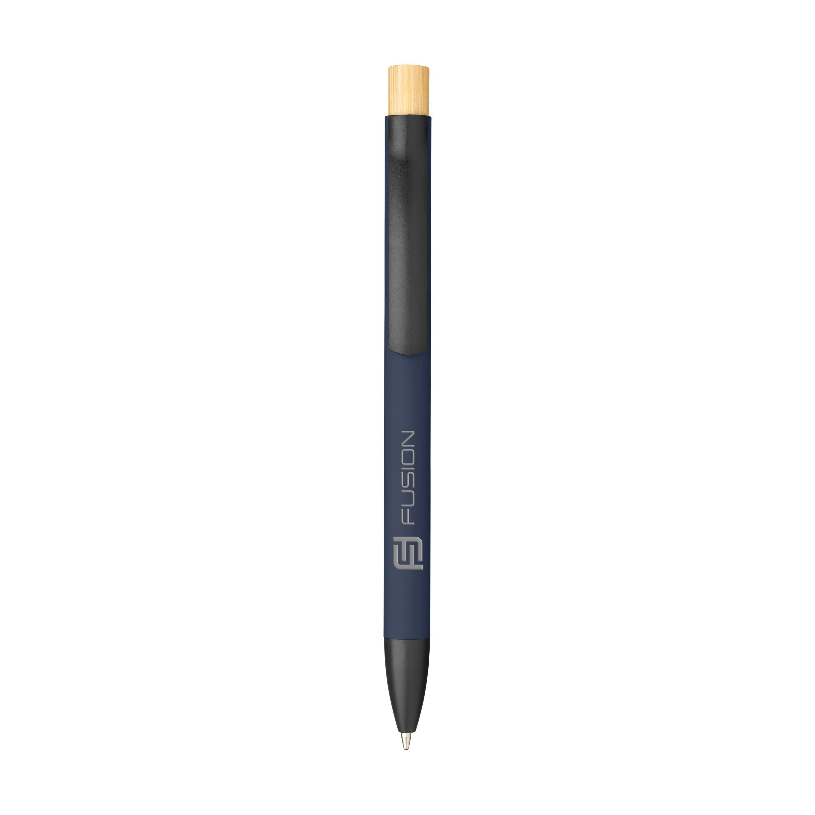 Penna a sfera Trend Soft Touch in alluminio con pulsante in bambù