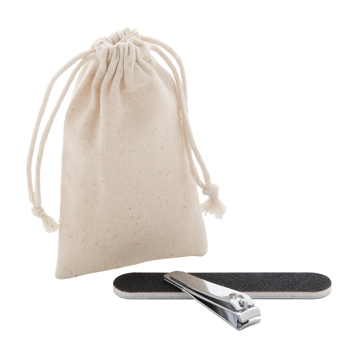 Set manicure Minail con lima e tagliaunghie in sacchetto di cotone stampato con logo