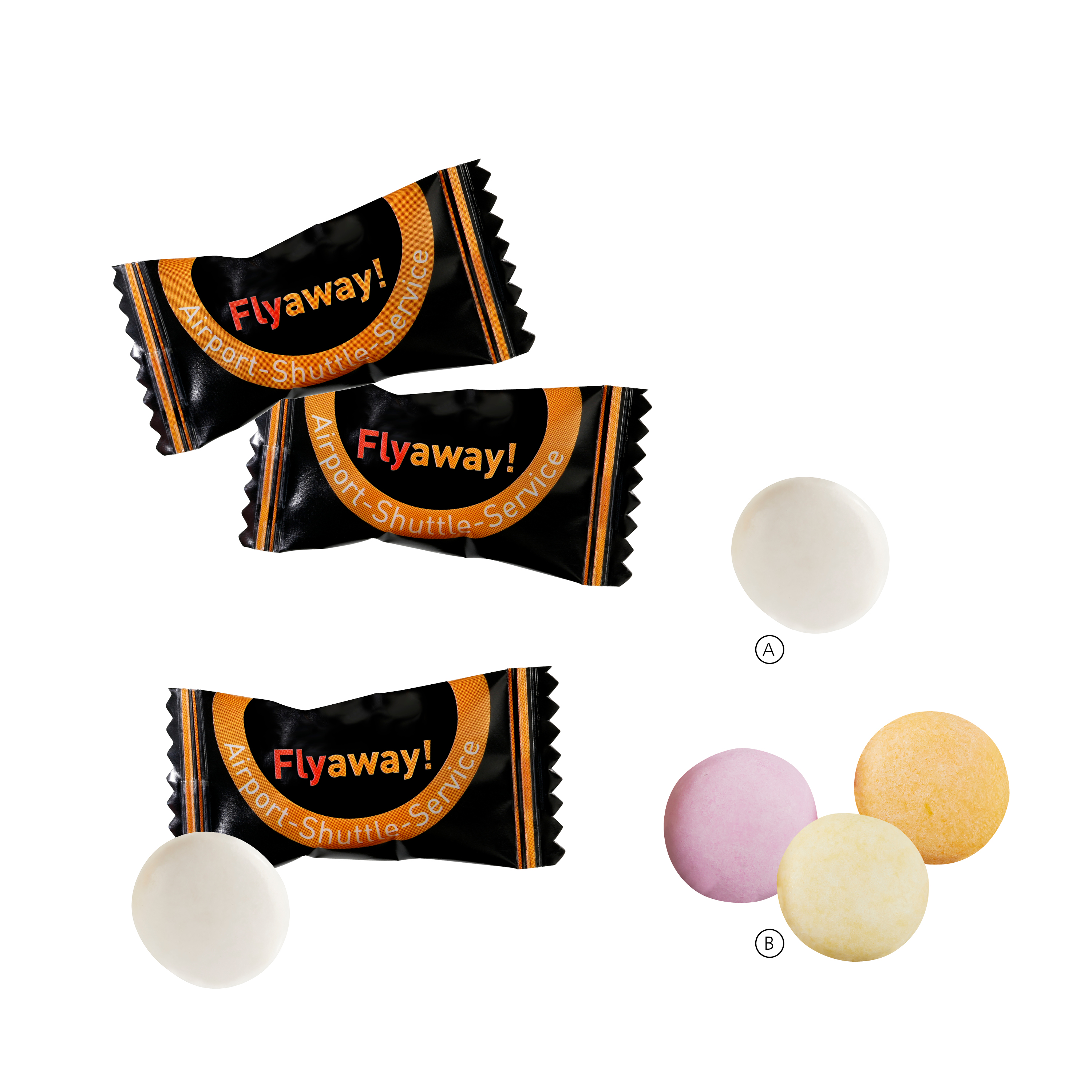 Caramelle alla frutta avvolte in confezione bianca - Rufina stampato con logo