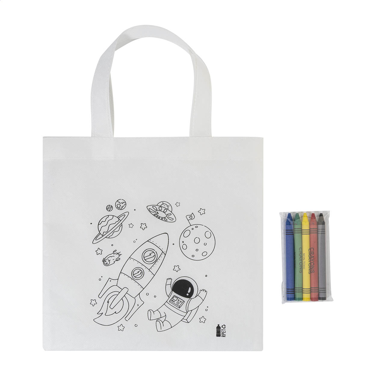 Mini shopper da colorare Spacolo in RPET con 5 pastelli e il tuo logo stampato con logo