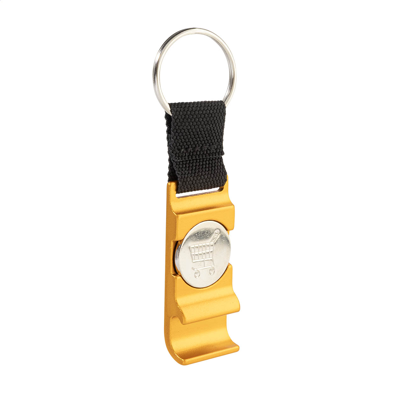 Portachiavi apribottiglie OpenCart in alluminio riciclato con gettone stampato con logo