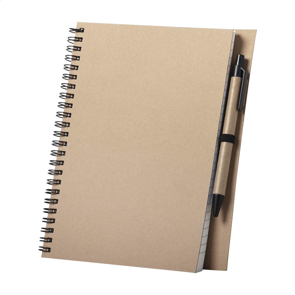 Quaderno a spirale A5 Salix in cartone riciclato con penna e logo stampato con logo
