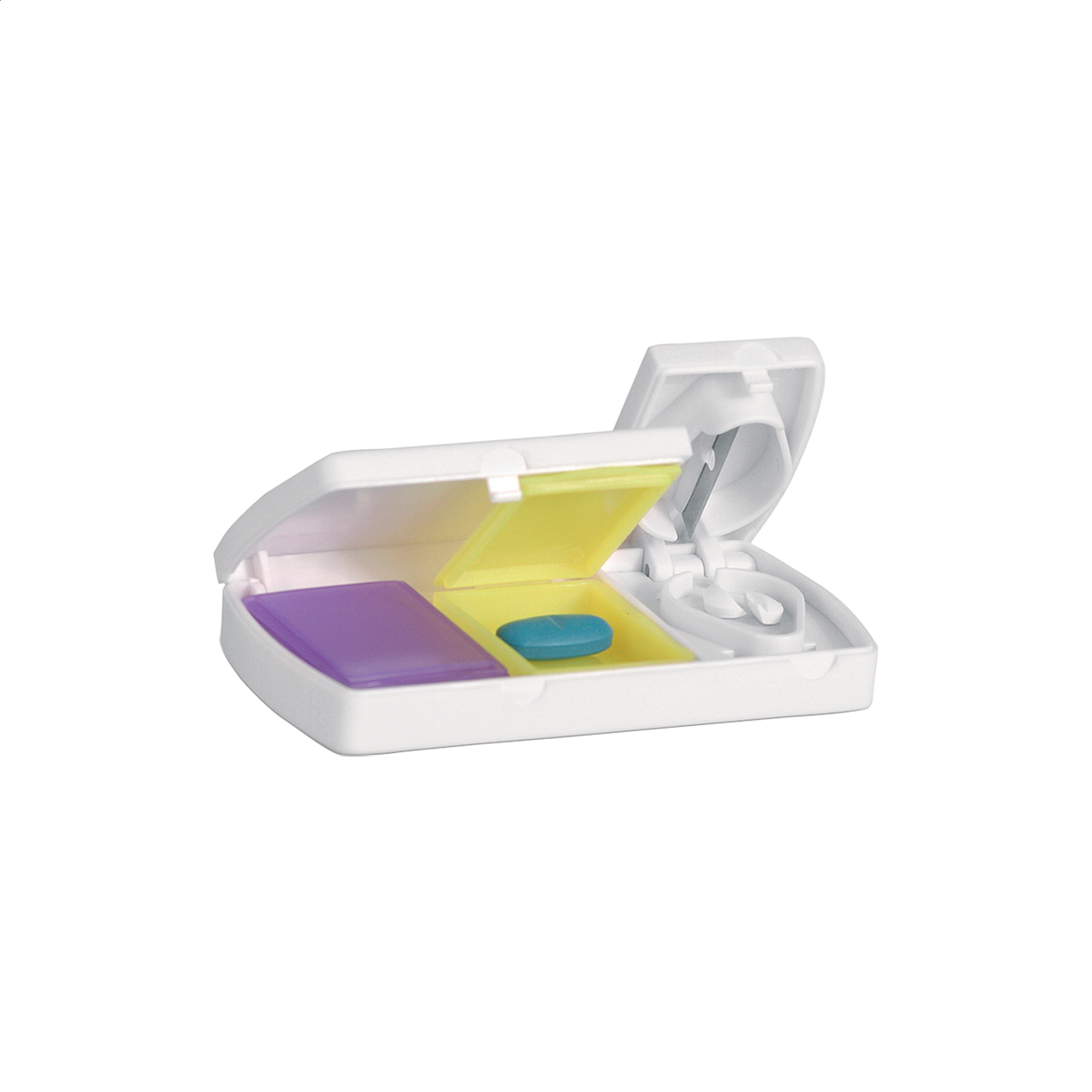 Portapillole Doxer in plastica con 2 scomparti e tagliapillole e logo
