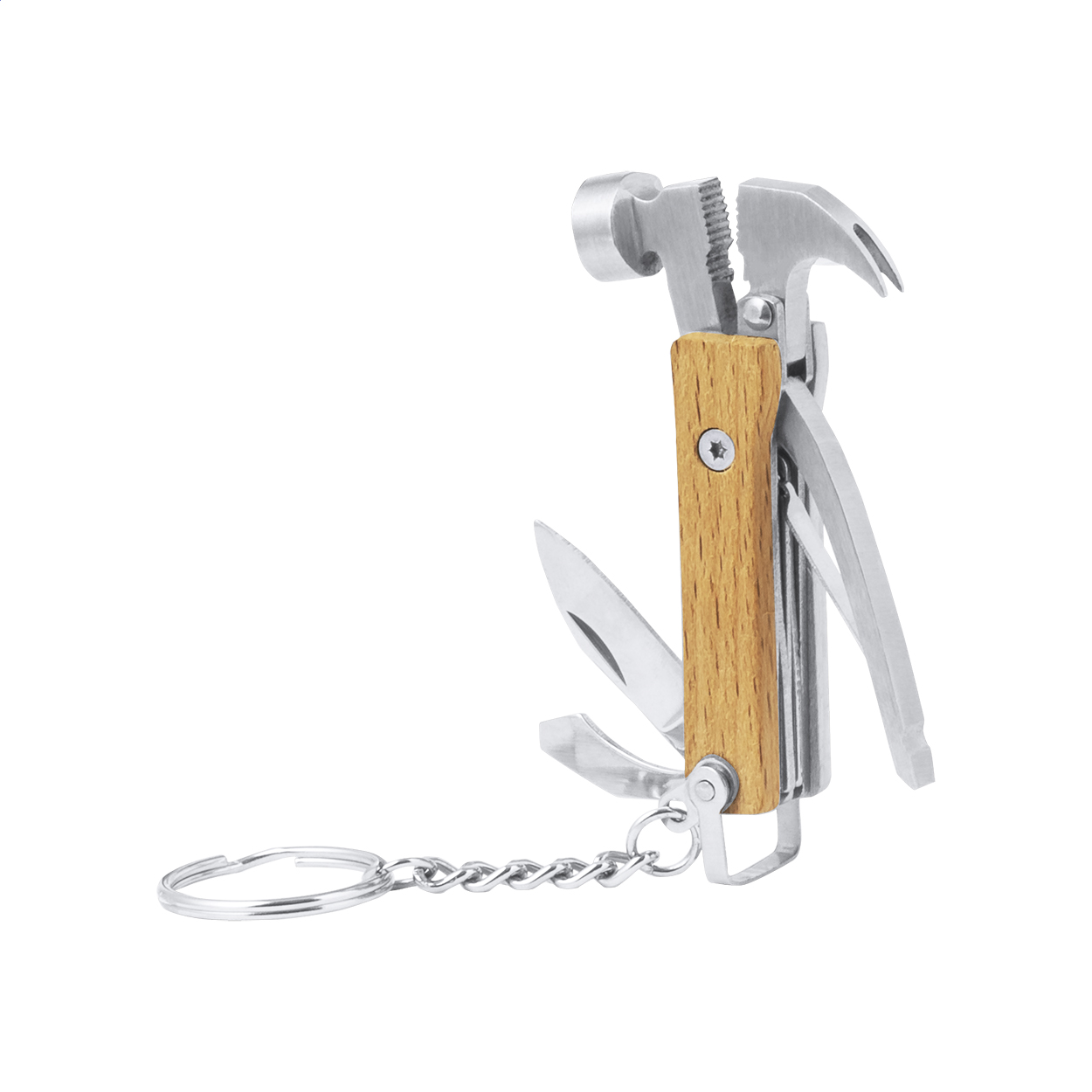Portachiavi multiutensile Hemverk in acciaio con manico in legno e logo stampato con logo