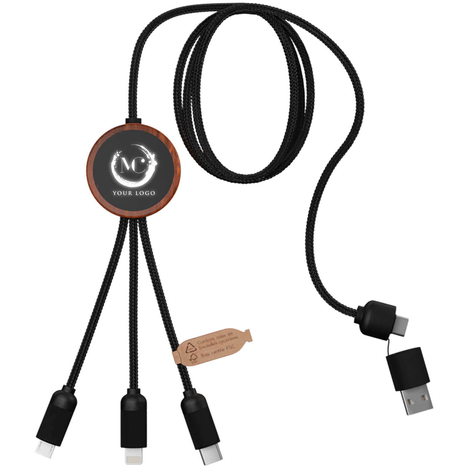 Cavo di ricarica 5 in 1 SCX.design C37 40W in rPET con logo luminoso e custodia rotonda in bambù