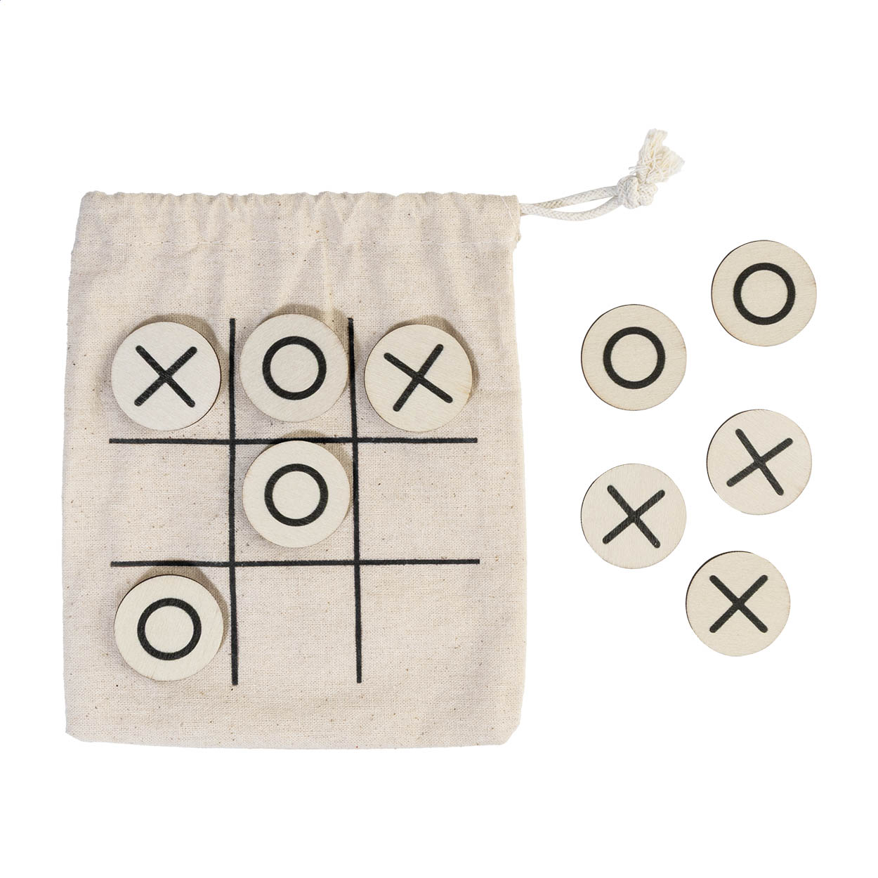 Gioco del tris Ticbag in legno in sacchetto di cotone con il tuo logo stampato con logo