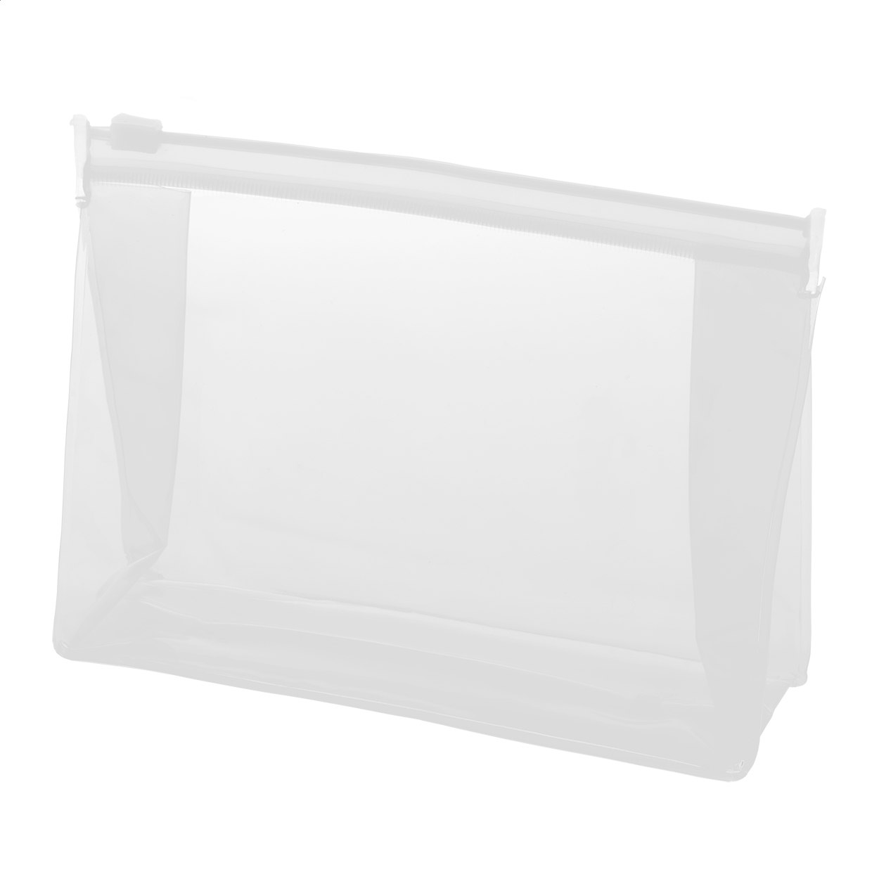 Pochette cosmetica trasparente Paqua in PVC con zip e logo stampato con logo