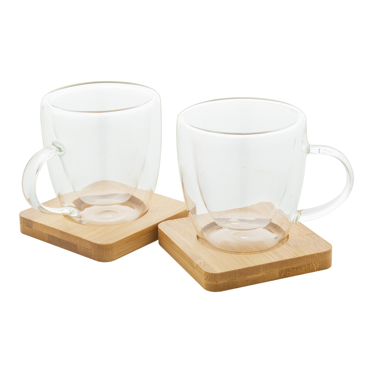Set 2 tazzine espresso Mocaboo in vetro a doppia parete con piattini bambù stampato con logo