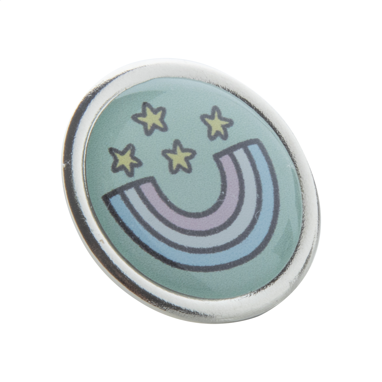 Spilla rotonda in metallo Read personalizzata con resinatura epossidica stampato con logo