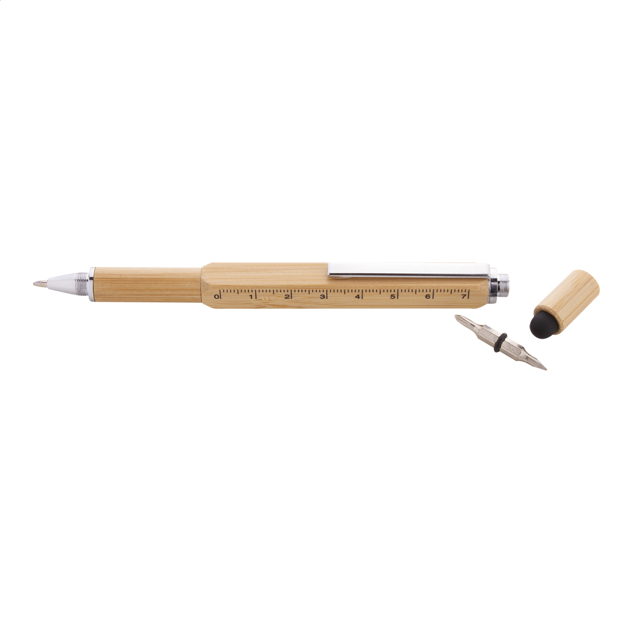 Penna multifunzione Tooby personalizzata in bambù con cacciavite e livella stampato con logo