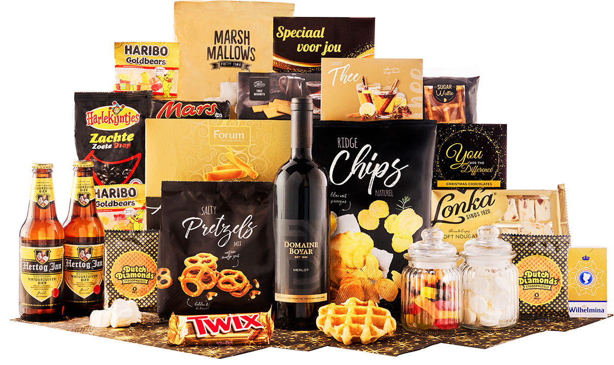 Cesto gourmet "Golden" con 24 prelibatezze
