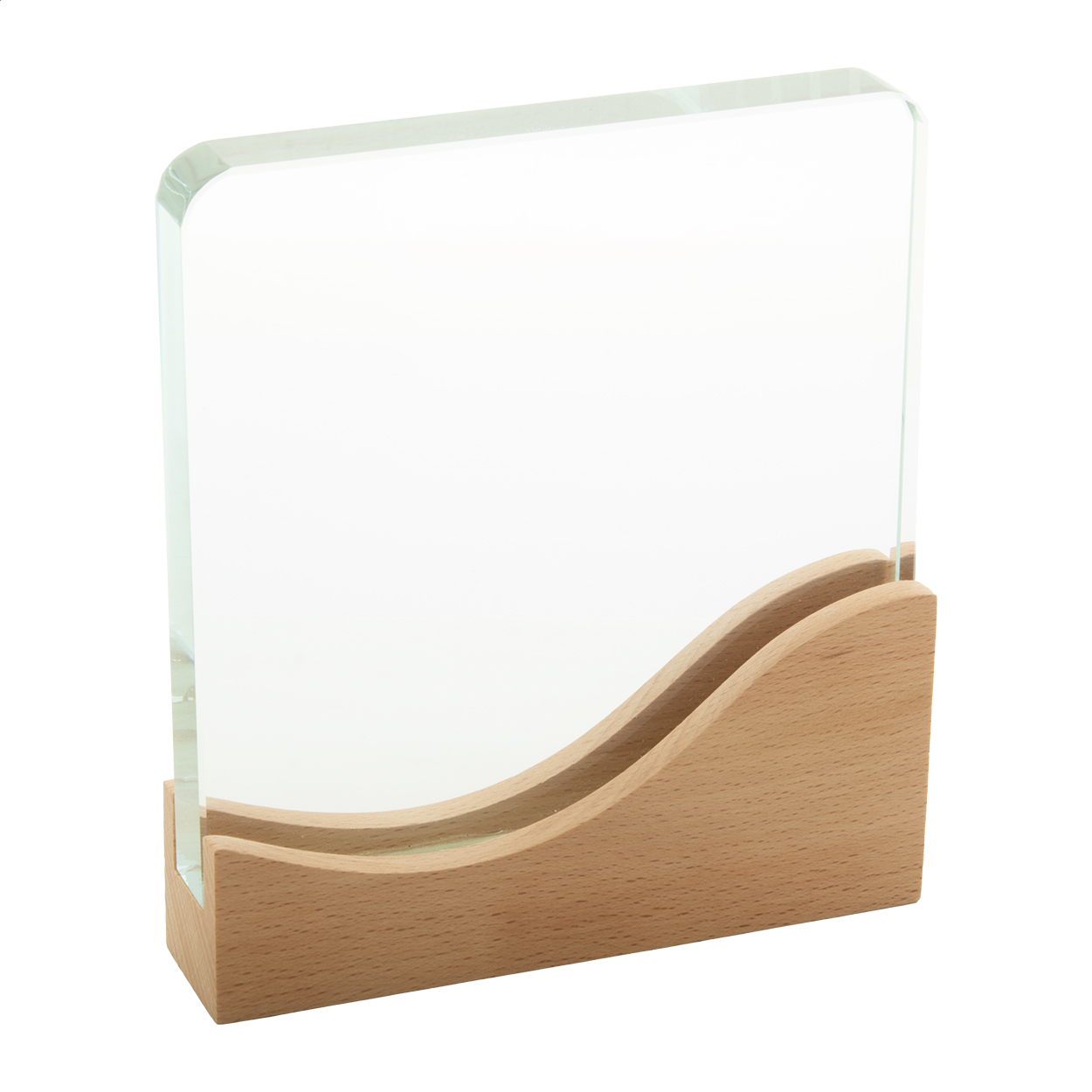 Trofeo Wavofi personalizzato in vetro con base in legno di faggio stampato con logo