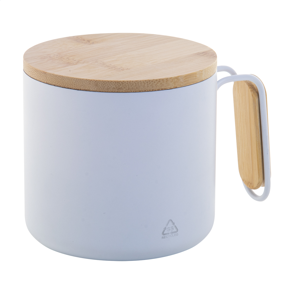 Tazza termica Graboo in acciaio riciclato con coperchio e manico in bambù
