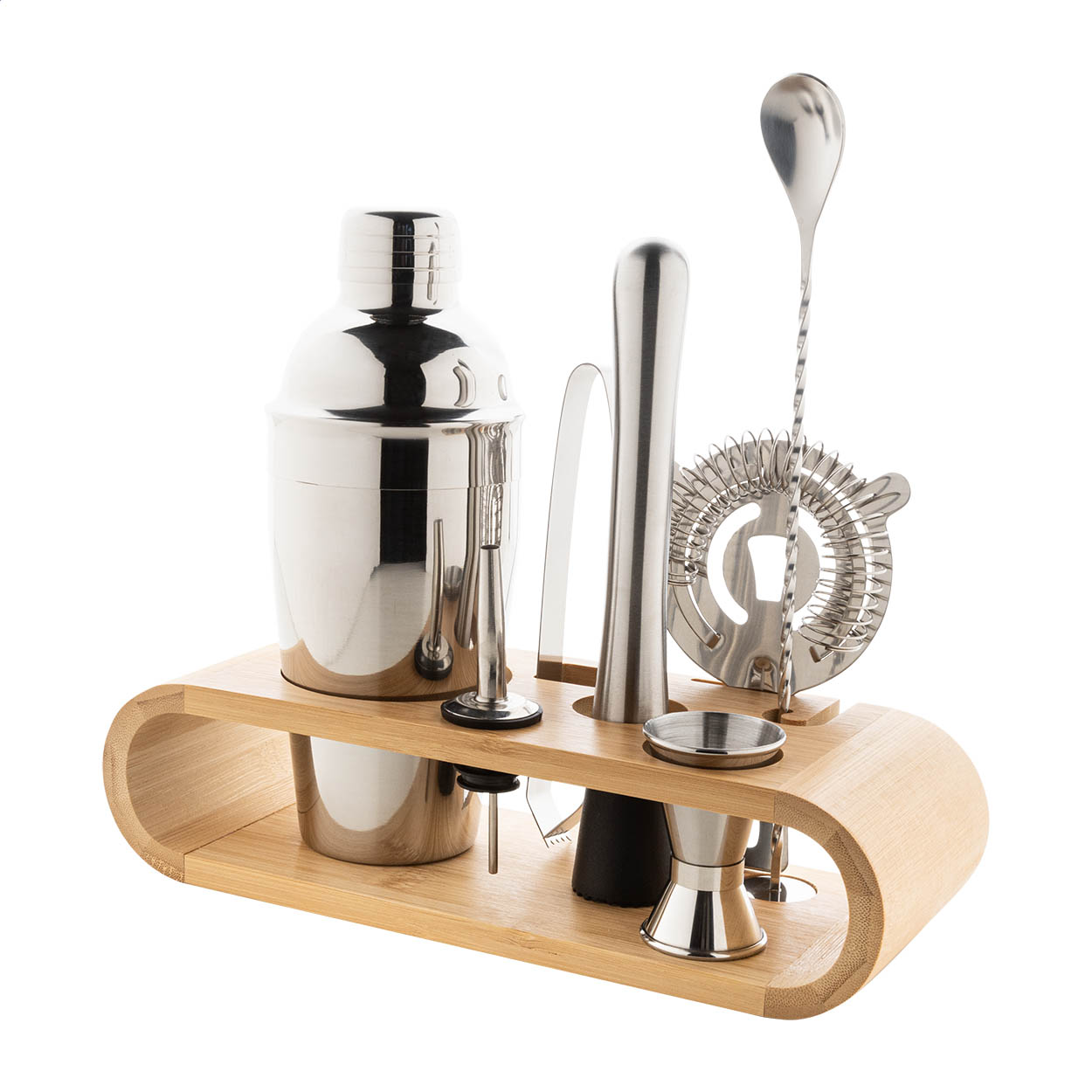 Set da cocktail Paloma 7 pezzi in acciaio inox con supporto in bambù