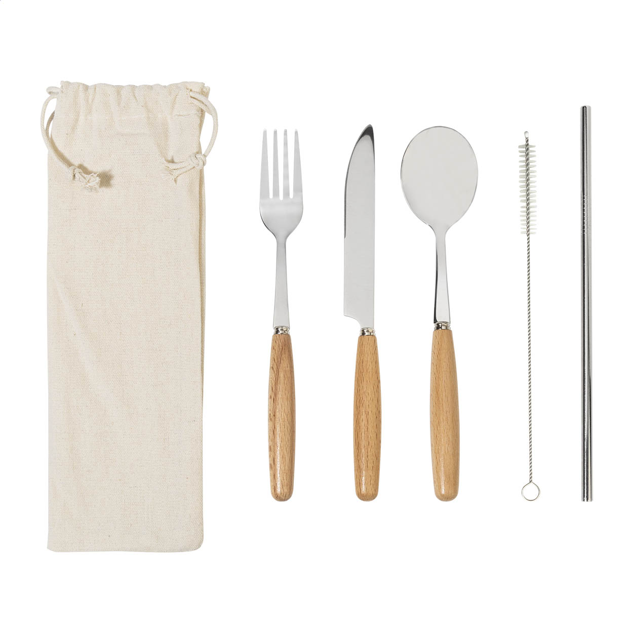 Set di posate Woller 5 pezzi in acciaio inox con manico in legno stampato con logo
