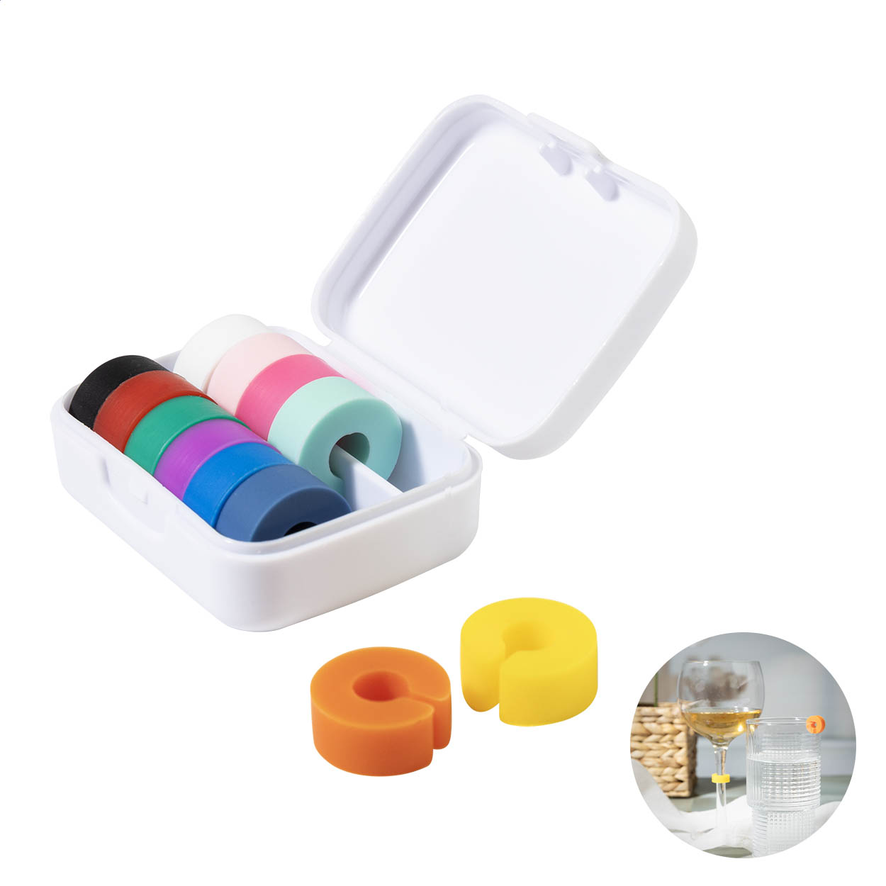 Set di 12 segnabicchieri Cupperty in silicone con scatola in PP riciclato
