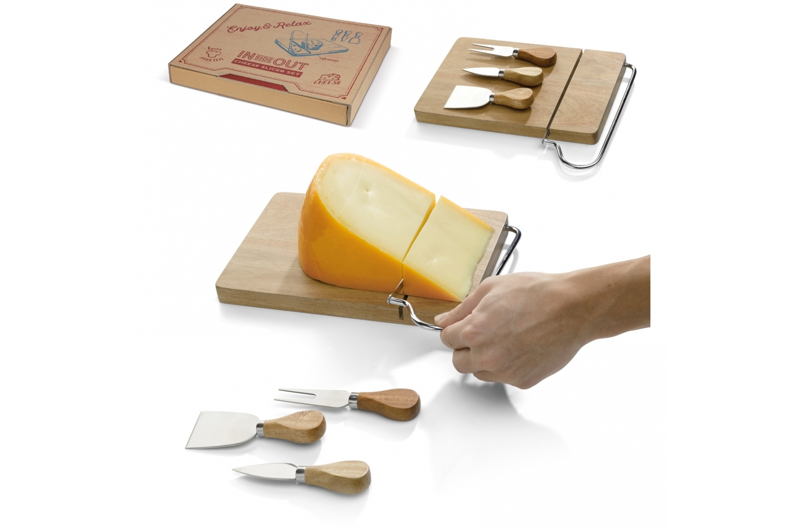 Set di taglieri per formaggio in legno di acacia con affettatrice integrata - Bossico