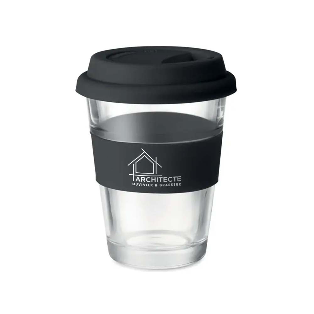 Bicchiere di vetro con coperchio in silicone 350ml - Gorla Minore stampato con logo