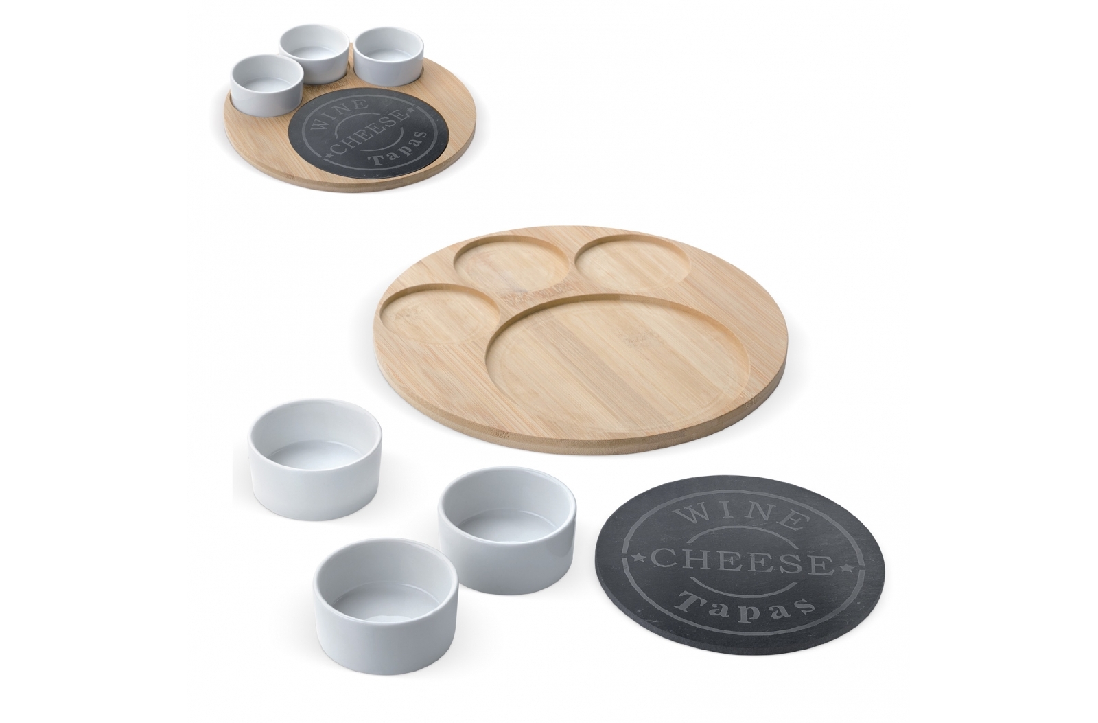 Set per servire Tapas in legno con tavola in ardesia e ciotole in ceramica - Asso