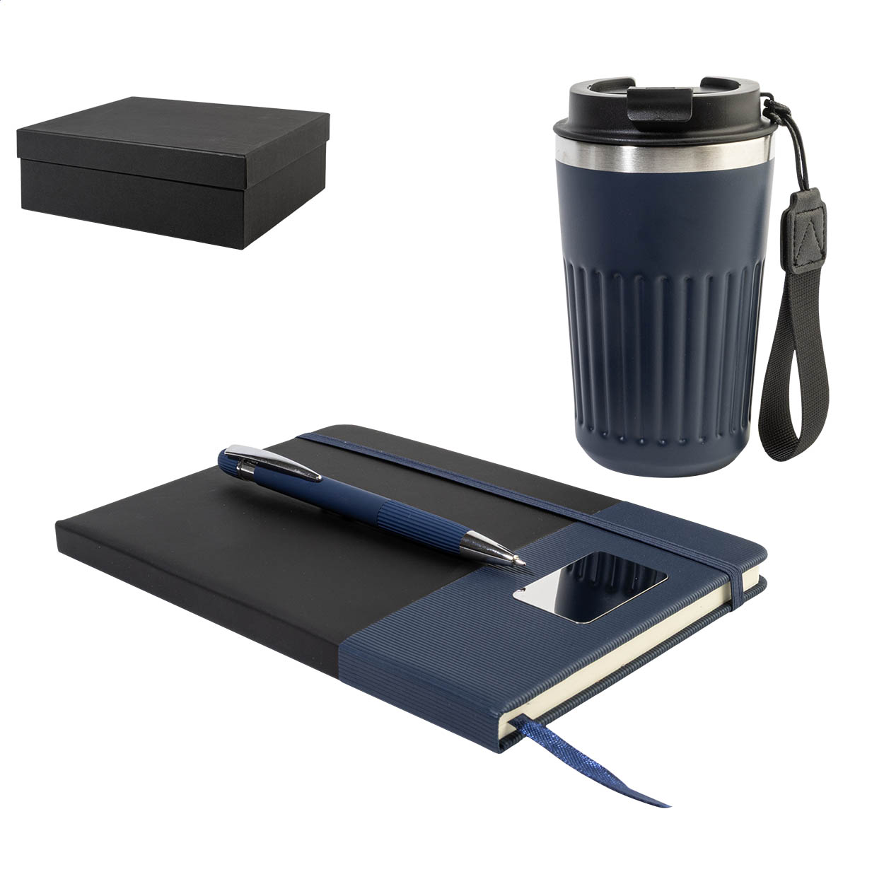 Set regalo Vittria con quaderno A5, tazza termica 400 ml e penna stampato con logo