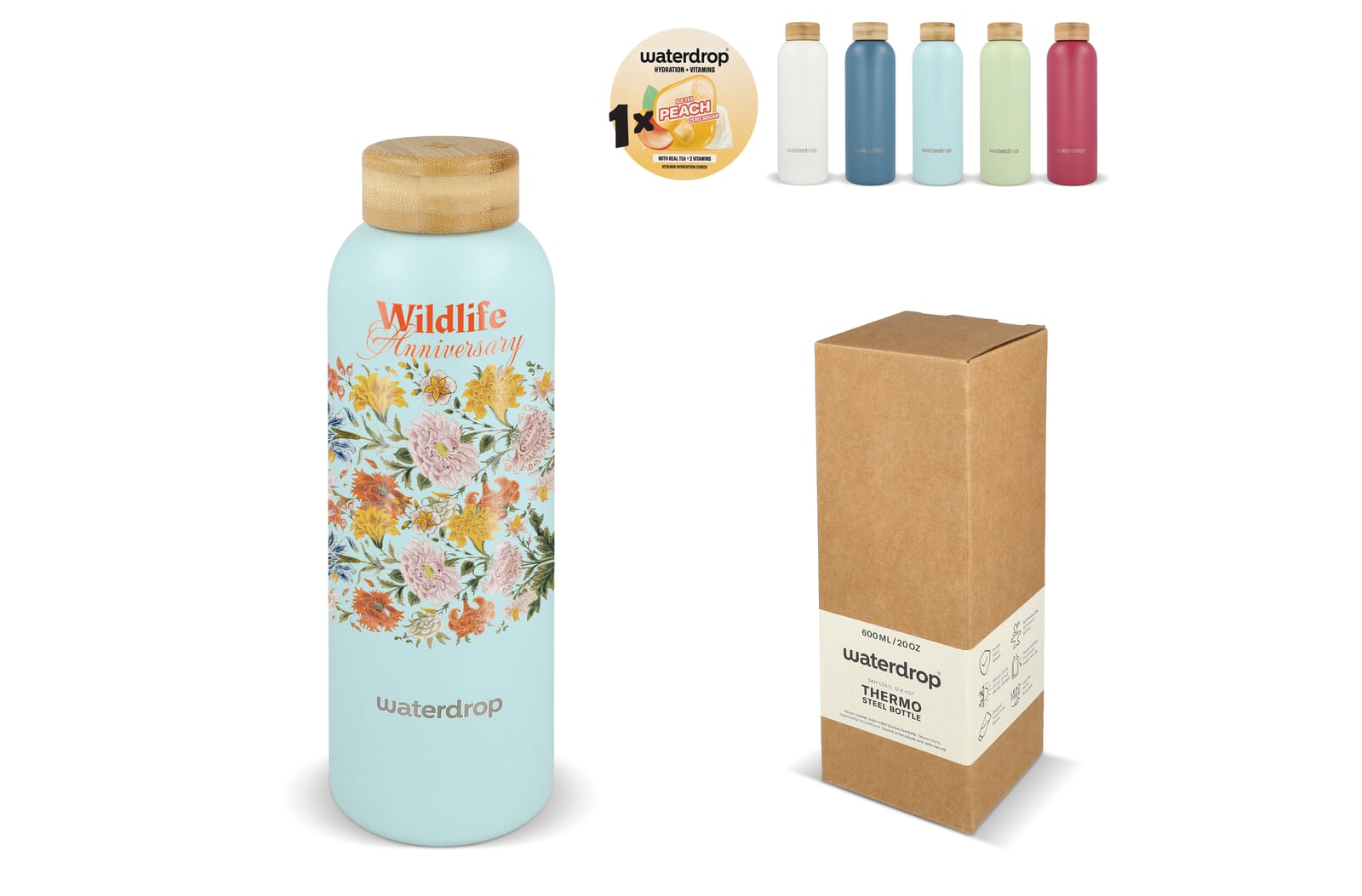 Bottiglia in acciaio inossidabile Waterdrop con tappo in bambù 600ml